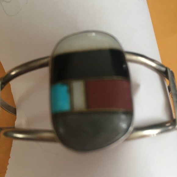 Native American Indian Inlay Silver Bracelet: Quartz, Obsidian, Turquoise, Coral - Picture 7 of 8